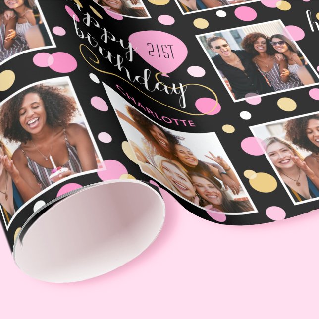 Any Age Photo Collage Birthday Balloon Pink 21st Wrapping Paper (Creator Uploaded)