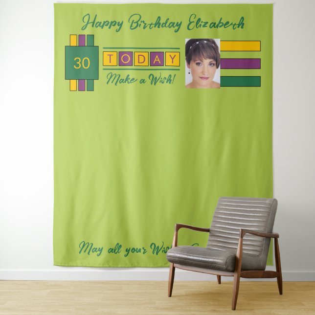 Any age photo green birthday party backdrop tapestry (In Situ)