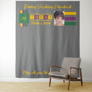 Any age photo green grey birthday party backdrop tapestry