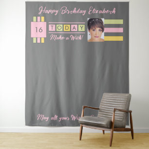 Any age photo grey birthday party backdrop tapestry