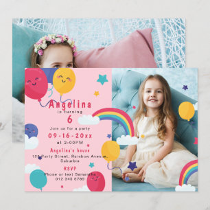 ANY AGE Pink Balloons & Rainbows 2-Photo Birthday Invitation