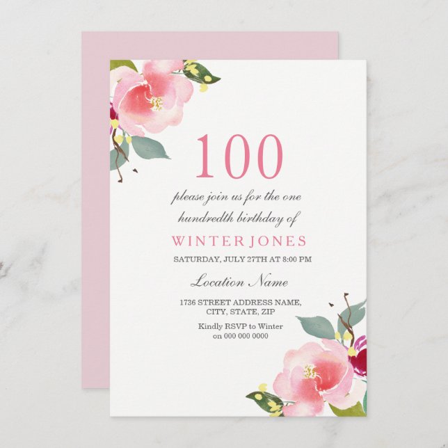 Any Age Pink Floral 100th Birthday Party Invite (Front/Back)
