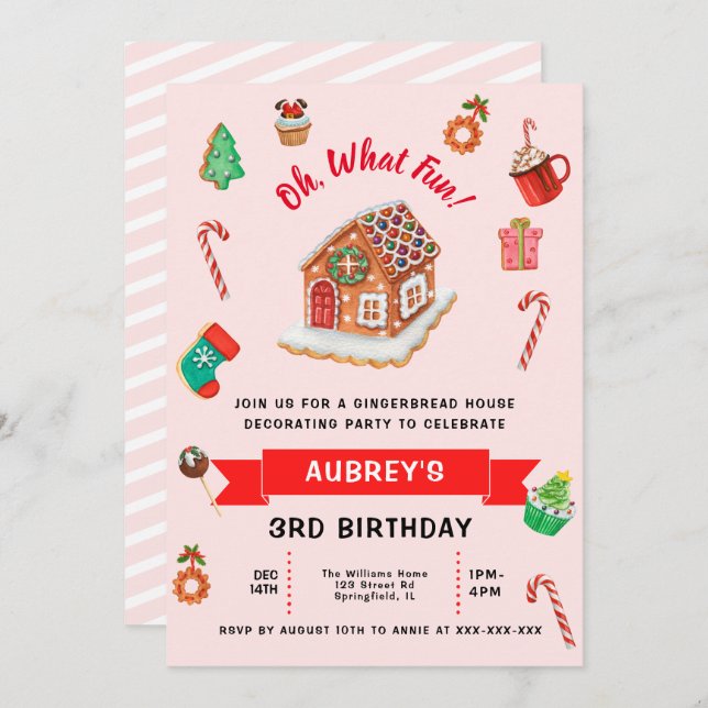 Any Age Pink Gingerbread House Christmas Birthday  Invitation (Front/Back)
