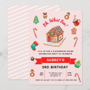 Any Age Pink Gingerbread House Christmas Birthday Invitation