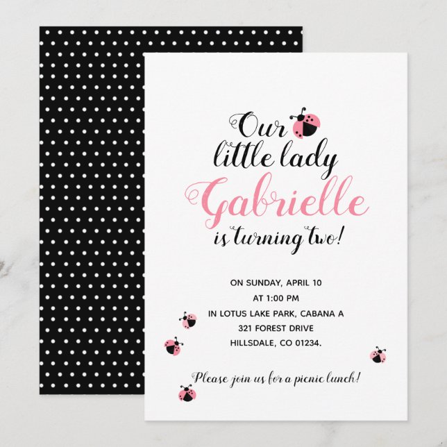 ANY AGE pink ladybug BIRTHDAY PARTY picnic Invitation (Front/Back)
