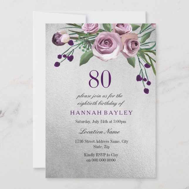 Any Age Purple Silver Rose 80th Birthday Invite (Front)