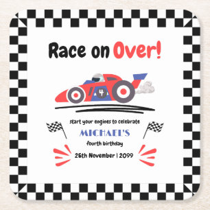 Any Age Race on Over Vintage Red Blue Race Car Square Paper Coaster