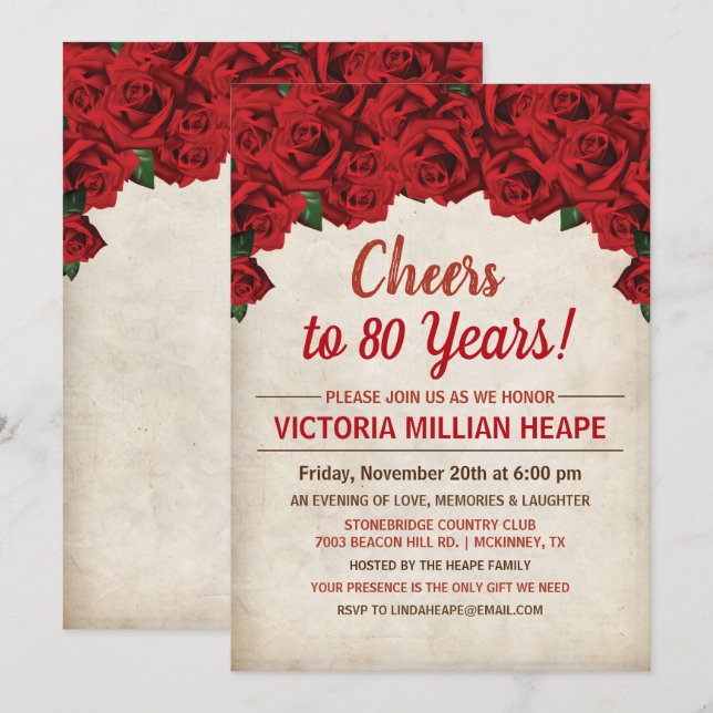 ANY AGE - Red Roses Milestone Birthday Invitation (Front/Back)