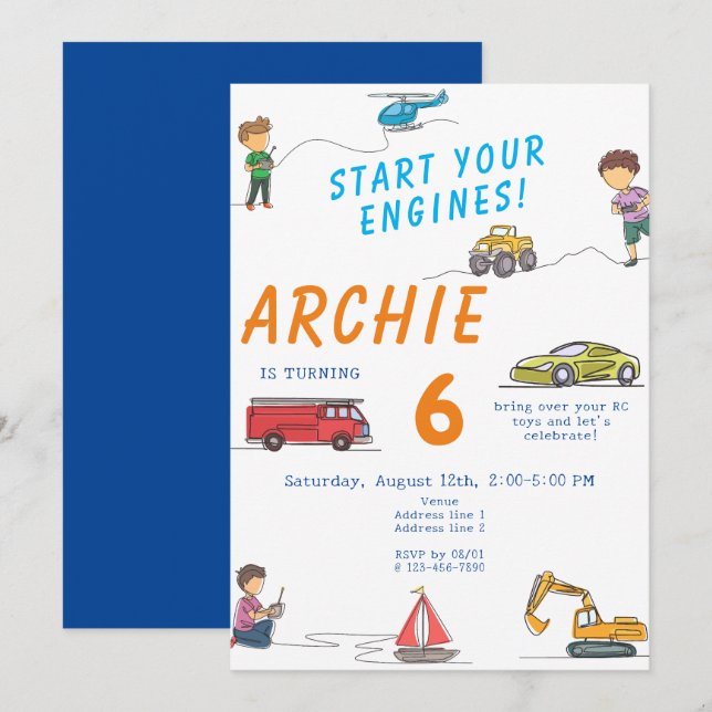 Any Age Remote Control RC Car Motor Kids Birthday Invitation (Front/Back)