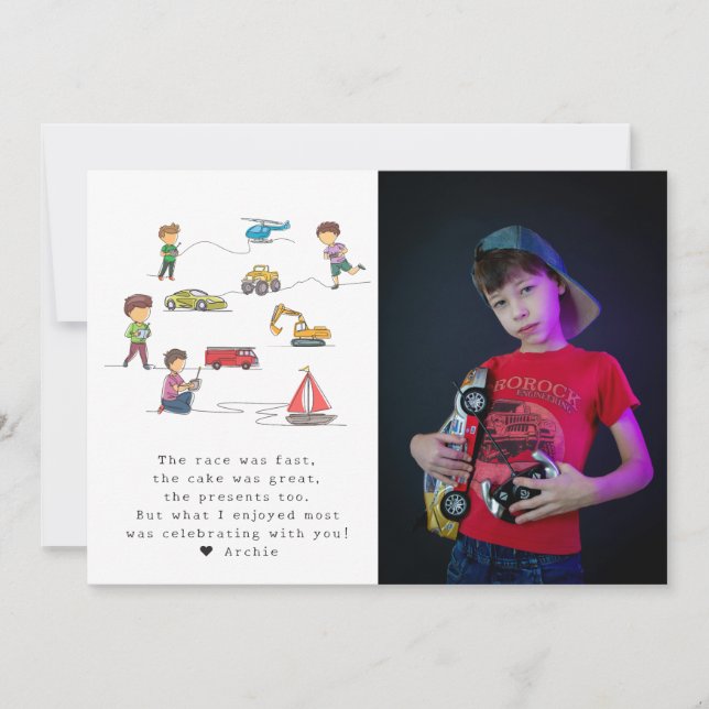 Any Age Remote Control RC Car Motor Kids Birthday Thank You Card (Front)