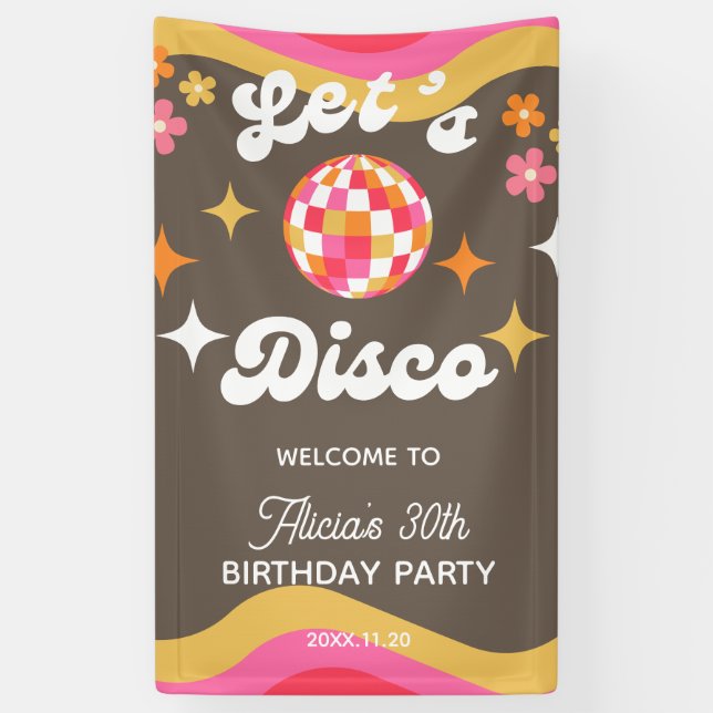 Any Age Retro Groovy 70s Let's Disco Birthday Banner (Vertical)