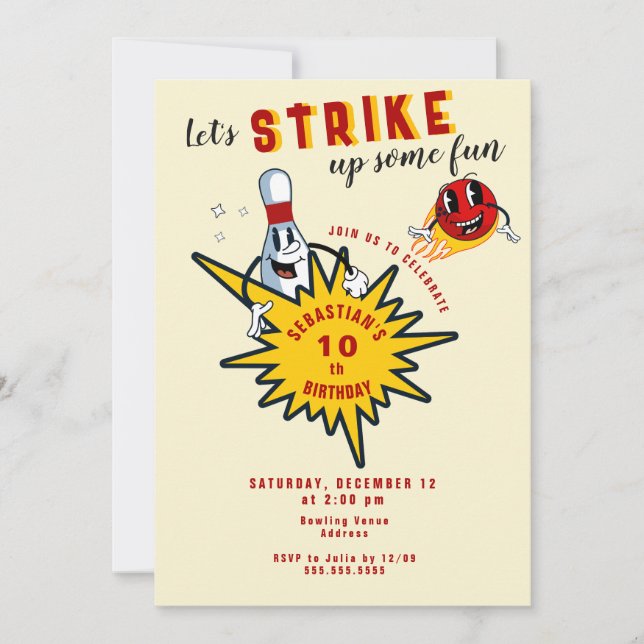 Any Age Retro Mascot Bowling Birthday Party Invitation (Front)