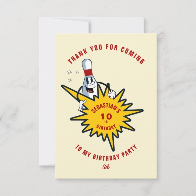 Any Age Retro Mascot Bowling Birthday Party Thank You Card (Front)
