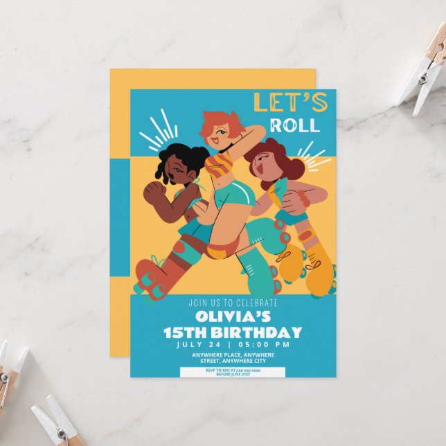 Any age retro roller skate girl birthday  invitation (Front/Back In Situ)