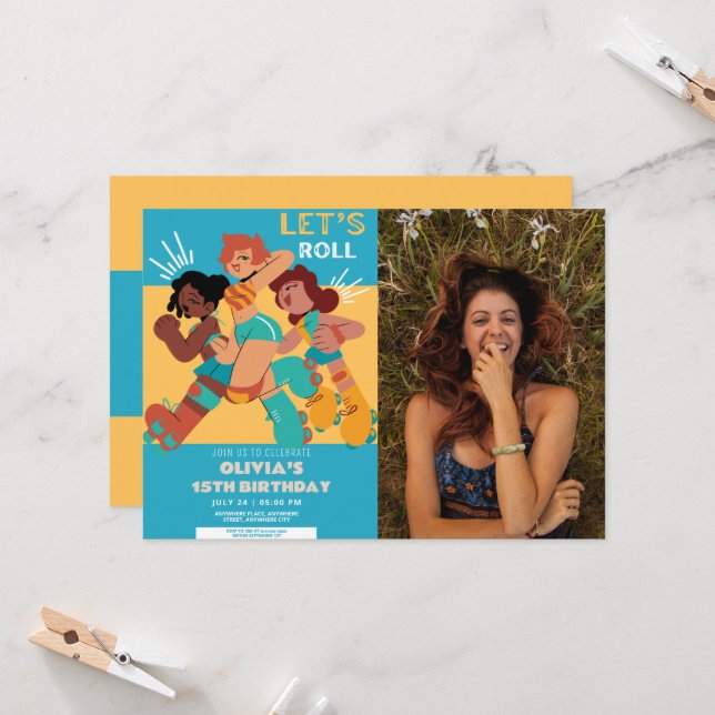 Any age retro roller skate girl photo birthday  invitation (Front/Back In Situ)