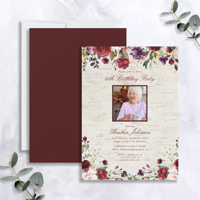 Any Age Rustic Burgundy Floral Photo Birthday Invitation (Creator Uploaded)