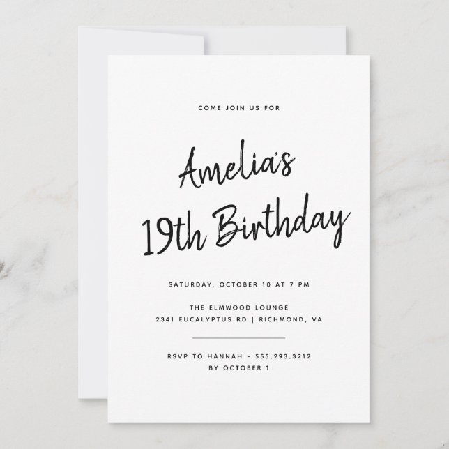 Any Age | Simple Black and White Script Birthday Invitation (Front)