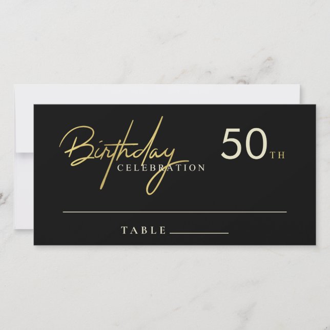 Any Age Simple Black Gold Birthday Place Card (Front)