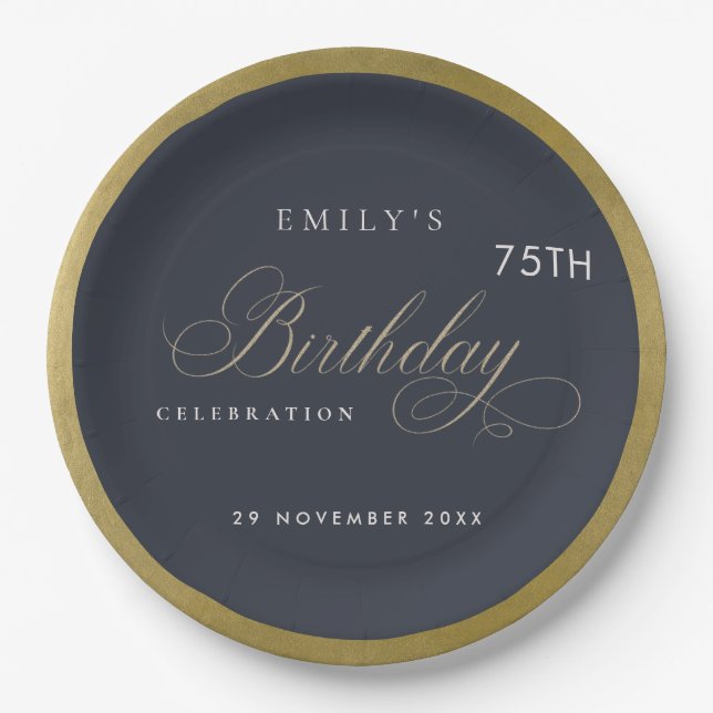 ANY AGE SIMPLE NAVY GOLD TYPOGRAPHY BIRTHDAY PAPER PLATE (Front)