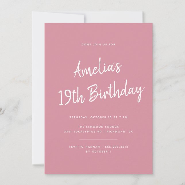 Any Age | Simple Rose Pink Modern Women's Birthday Invitation (Front)