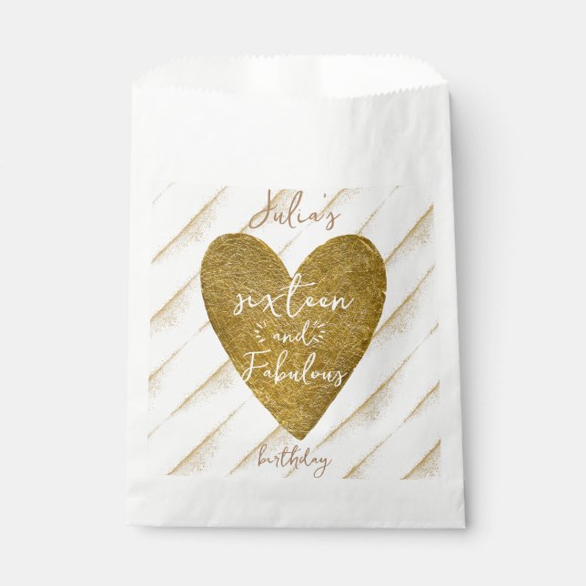 Any Age Sixteen & Fabulous Gold Glitter Heart Favour Bag (Front)