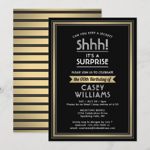 Any Age Surprise Birthday Black Gold White 50th Invitation