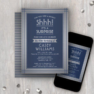 Any Age Surprise Birthday Elegant Navy Blue Silver Invitation