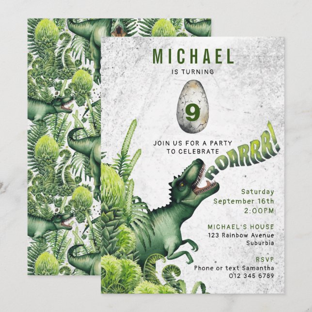 ANY AGE T-Rex Dinosaur Boy's Birthday Party Invitation (Front/Back)