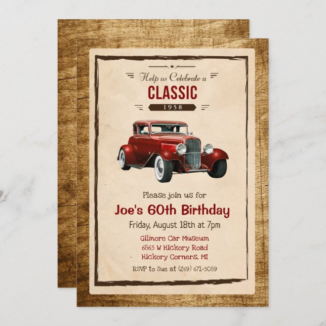 ANY AGE - Vintage Classic Car Birthday Invitation (Front/Back)