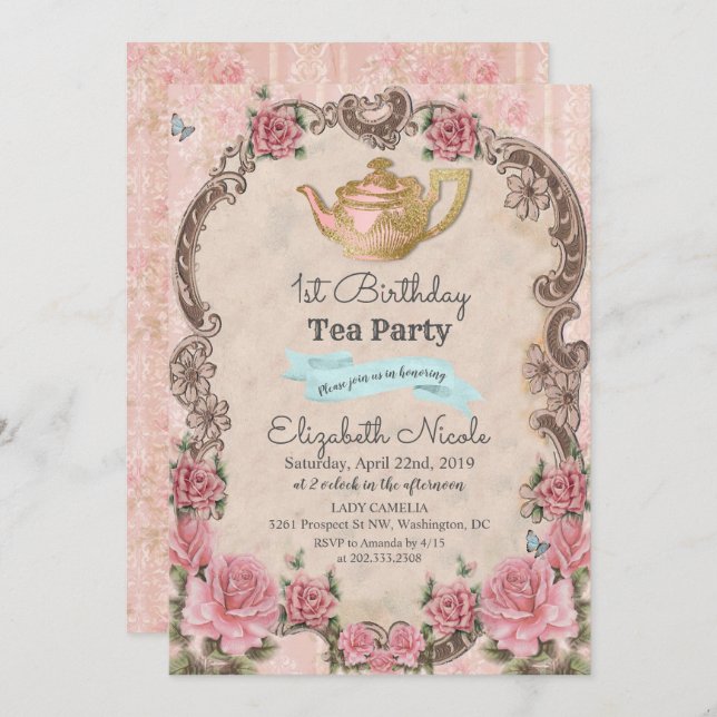 ANY AGE - Vintage Floral Tea Birthday Invitation (Front/Back)