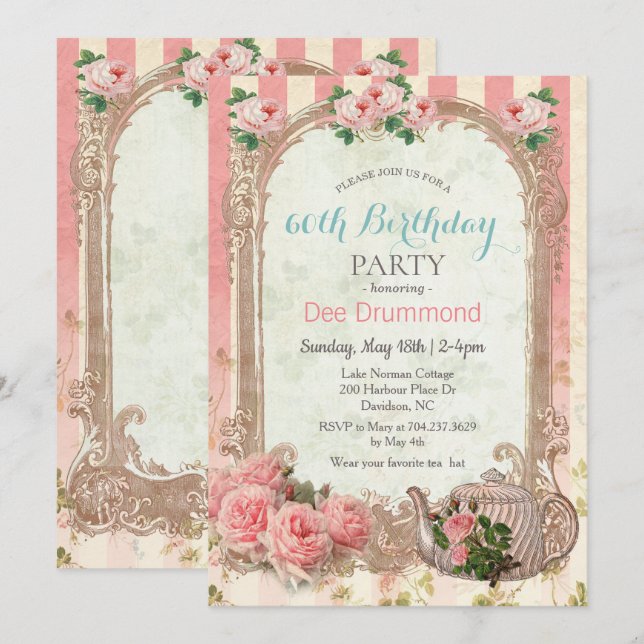 ANY AGE - Vintage Floral Tea Birthday Invitation (Front/Back)