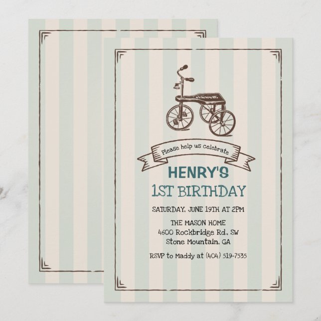 ANY AGE - Vintage Tricycle Boy Birthday Invitation (Front/Back)