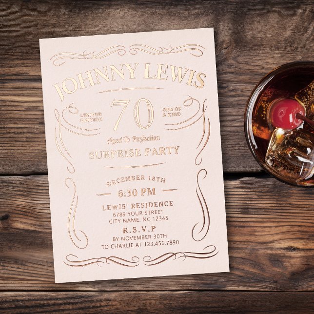Any age vintage whiskey themed rose gold birthday  (Any age vintage whiskey themed rose gold 70th birthday foil invitation)