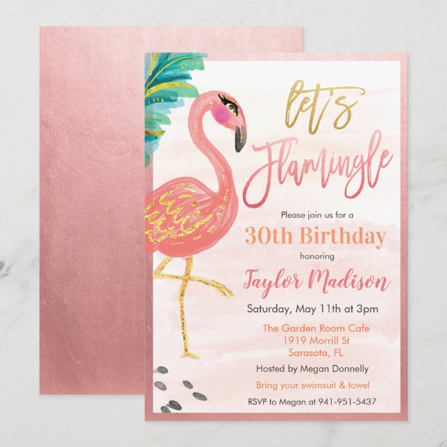 ANY AGE - Watercolor Flamingo Birthday Invitation (Front/Back)