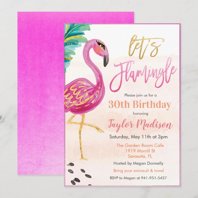 ANY AGE - Watercolor Flamingo Birthday Invitation (Front/Back)