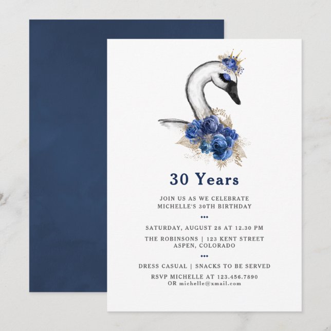 Any Age Watercolor Swan Floral Birthday Party Invitation (Front/Back)