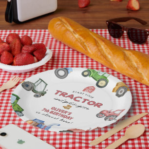Any age Watercolor tractor birthday Paper Plate