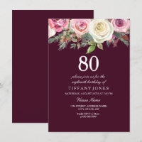 Any Age White Pink Rose Burgundy Birthday Invite