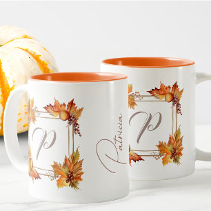 Any All Letters Modern Boho Fall Leaves Monogram Two-Tone Coffee Mug