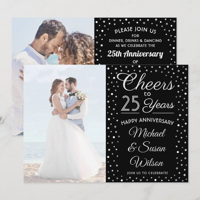 ANY Anniversary 2 Photo Cheers Black & White Party Invitation (Front/Back)