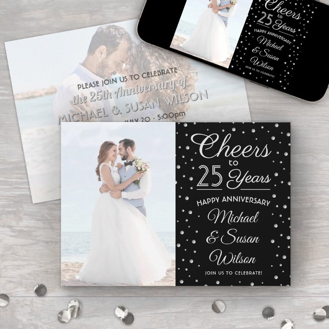 ANY Anniversary 2 Photo Cheers Black & White Party Invitation (Creator Uploaded)