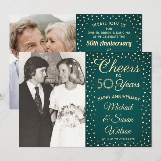 ANY Anniversary 2 Photo Cheers Blue and Gold Party Invitation (Front/Back)