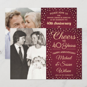 ANY Anniversary 2 Photo Cheers Burgundy Gold Party Invitation