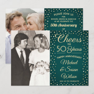 ANY Anniversary 2 Photo Cheers Green & Gold Party Invitation