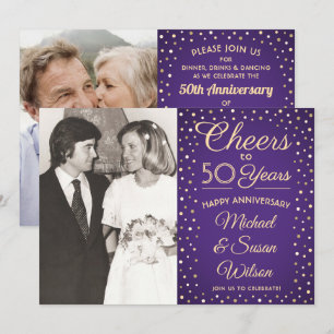 ANY Anniversary 2 Photo Cheers Purple & Gold Party Invitation