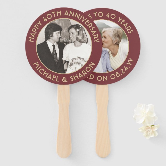 ANY Anniversary 2 Photo Elegant Burgundy and Gold Hand Fan (Front and Back)