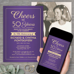 ANY Anniversary Cheers 1 Photo Purple & Gold Party Invitation