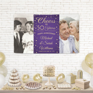 ANY Anniversary Cheers 2 Photo Purple & Gold Party Banner
