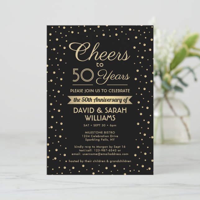 ANY Anniversary Cheers Black & Gold Confetti Party Invitation (Standing Front)