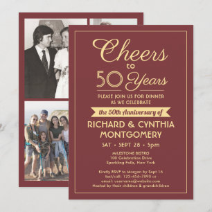 ANY Anniversary Cheers Burgundy & Gold Photo Party Invitation